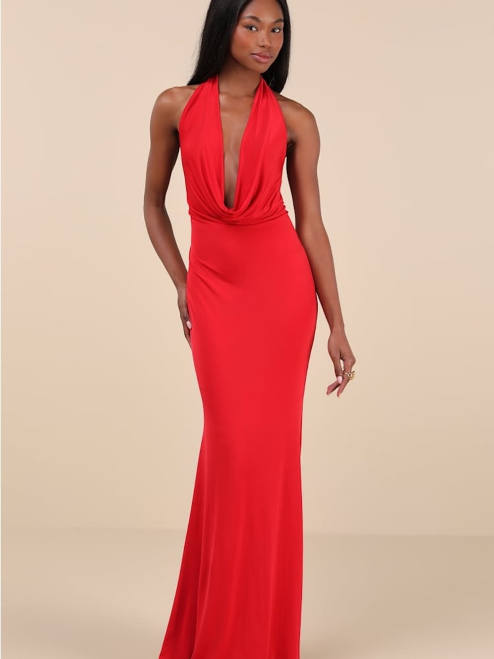 Eye-Catching Silhouette Red Cowl Neck Halter Maxi Dress